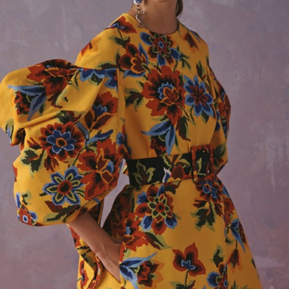 Carolina Herrera Yellow Floral Mini Dress with Blue & Red Accents